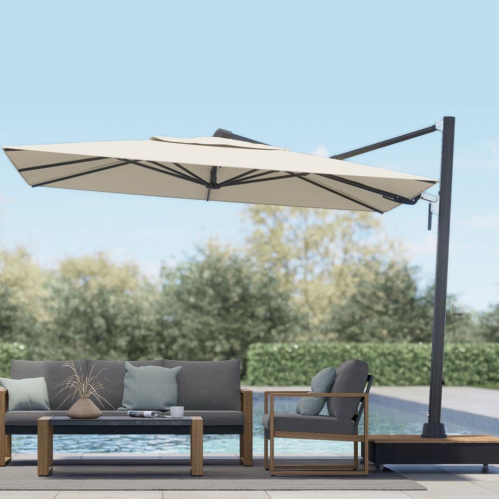 Square cantilever patio umbrella shading a modern outdoor lounge and sofa set