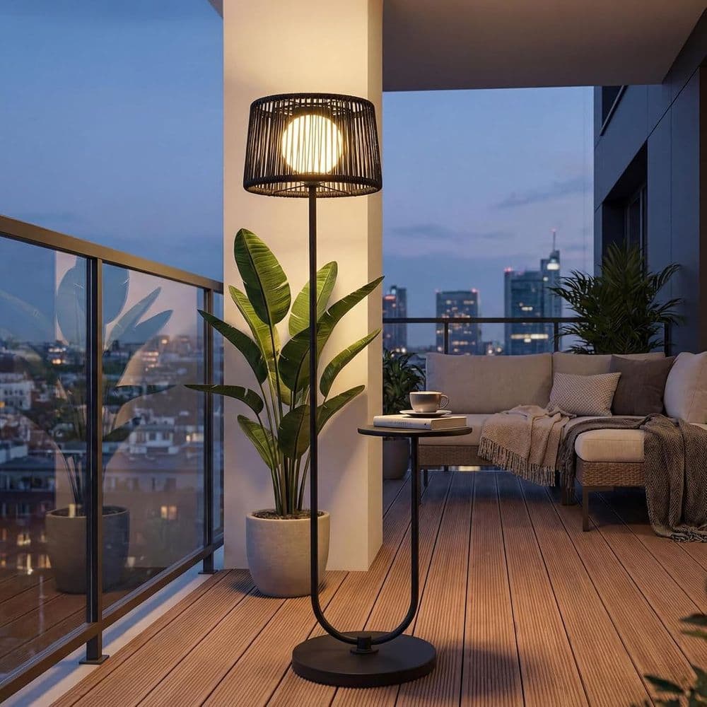 IP56 waterproof solar-powered outdoor floor lamp glowing on an evening patio
