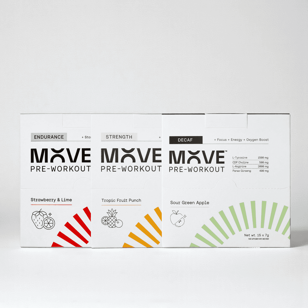 Move Pre-Workout Endurance, Strength and Decaf boxes side by side