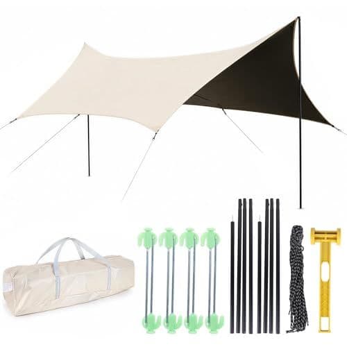 Waterproof Camping Tarp Rain Fly 14.7×9.8ft with 2 Poles (Hexagon)